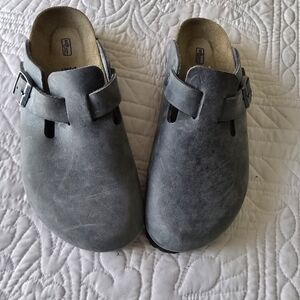 Birkenstock Gray Mules with Suede Upper and Adjustable Buckle